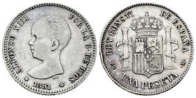Alfonso XIII (1886-1931). 1 peseta. 1891*18-91. Madrid. PGM. (Cal-38). Ag. 4,98 g. Golpecitos. Almost VF/VF. Est...40,00.