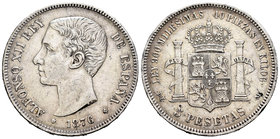 Alfonso XII (1874-1885). 5 pesetas. 1876*18-76. Madrid. DEM. (Cal-26a). Ag. 24,83 g. Limpiada. VF. Est...25,00.