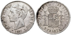 Alfonso XII (1874-1885). 5 pesetas. 1881*18-81. Madrid. MSM. (Cal-32). Ag. 24,78 g. Cleaned. Almost VF. Est...25,00.