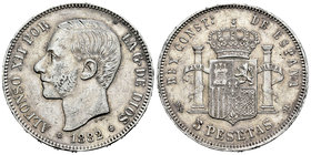 Alfonso XII (1874-1885). 5 pesetas. 1882*18-82/1. Madrid. MSM. (Cal-35). Ag. 24,91 g. Golpecitos. Escasa. Almost VF/VF. Est...50,00.