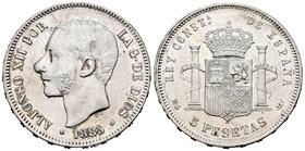 Alfonso XII (1874-1885). 5 pesetas. 1885*18-85. Madrid. MSM. (Cal-40). Ag. 24,90 g. Anverso ligeramente limpiado. Almost XF/XF. Est...250,00.