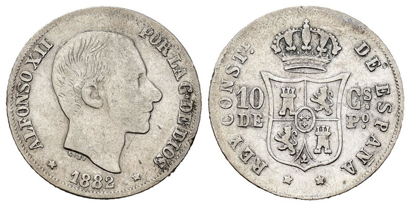 Alfonso XII (1874-1885). 10 centavos. 1882. Manila. Ag. 2,59 g. Choice F. Est......