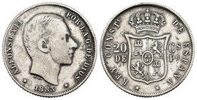 Alfonso XII (1874-1885). 20 centavos. 1883. Manila. Ag. 5,15 g. F/Choice F. Est...45,00.
