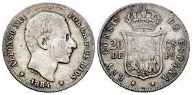 Alfonso XII (1874-1885). 20 centavos. 1884. Manila. (Cal-91). Ag. 5,07 g. F. Est...40,00.