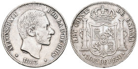 Alfonso XII (1874-1885). 50 céntimos. 1883. Manila. (Cal-83). Ag. 12,95 g. Golpecitos. VF/Choice VF. Est...90,00.