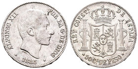 Alfonso XII (1874-1885). 50 centavos. 1885. Manila. (Cal-86). Ag. 12,86 g. Restos de brillo original. Almost XF/XF. Est...50,00.