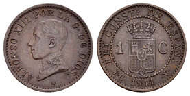 Alfonso XIII (1886-1931). 1 céntimo. 1911*1. Madrid. PCV. (Cal-78). Ae. 1,09 g. Escasa. Choice VF. Est...35,00.