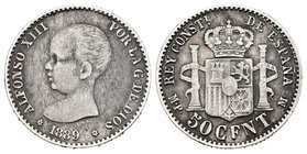 Alfonso XIII (1886-1931). 50 céntimos. 1889*8-9. Madrid. MPM. Ag. 2,47 g. Choice F. Est...15,00.