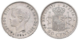 Alfonso XIII (1886-1931). 50 céntimos. 1896. Madrid. PGV. (Cal-59 variante). Ag. 2,51 g. Oreja rayada. Almost XF. Est...100,00.