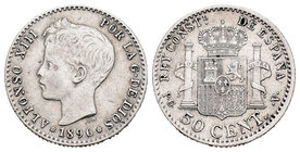 Alfonso XIII (1886-1931). 50 céntimos. 1896*9-6. Madrid. PGV. (Cal-59). Ag. 2,50 g. Choice VF. Est...40,00.