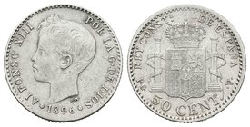 Alfonso XIII (1886-1931). 50 céntimos. 1896*9-6. Madrid. PGV. Ag. 2,48 g. Estrellas flojas. VF. Est...50,00.