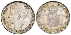 Alfonso XIII (1886-1931). 1 peseta. 1899*_ _-99. Madrid. SGV. (Cal-42). Ag. 4,91 g. Golpecito en el canto. AU. Est...60,00.