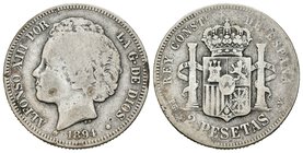 Alfonso XIII (1886-1931). 2 pesetas. 1894*_ _ - _ _. Madrid. PGV. Ag. 9,78 g. Choice F. Est...20,00.