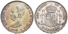Alfonso XIII (1886-1931). 5 pesetas. 1888*18-88. Madrid. MPM. Ag. 24,82 g. Pátina. Choice VF. Est...30,00.