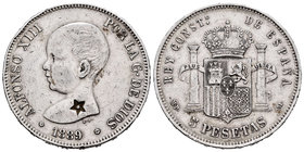 Alfonso XIII (1886-1931). 5 pesetas. 1889*18-89. Madrid. MPM. (Cal-14 variante). Ag. 24,84 g. Resello de estrella de 5 puntas. Probablemente utilizado...