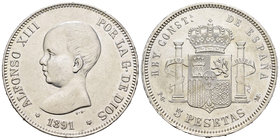 Alfonso XIII (1886-1931). 5 pesetas. 1891*18-91. Madrid. PGM. Ag. 25,17 g. Limpiada. Choice VF. Est...30,00.