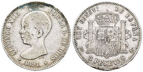Alfonso XIII (1886-1931). 5 pesetas. 1891*18-91. Madrid. PGL. Ag. 24,97 g. Falsa de época. VF/Almost VF. Est...35,00.