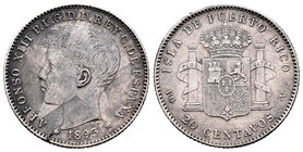 Alfonso XIII (1886-1931). 20 centavos. 1895. Puerto Rico. PGV. (Cal-84). Ag. 4,95 g. Leve hojita en anverso. Pátina. Choice VF. Est...120,00.
