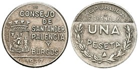 Civil War (1936-1939). 1 peseta. 1937. Santander, Palencia and Burgos. 5,54 g. Choice VF. Est...20,00.