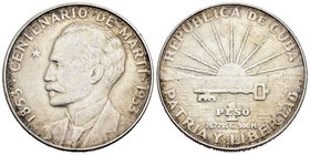 Cuba. 1 peso. 1953. (Km-29). Ag. 26,76 g. Centenario de José Martí. Almost XF. Est...25,00.