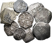 Spain. Lote de 12 piezas macuquinas de plata, 8 reales (4), 4 reales (5), 2 reales (2), 1/2 real (1), con casi ningún dato visible. A EXAMINAR. F/Choi...