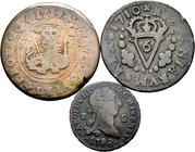 Lote de 3 monedas de cobre de la Monarquía Española, Felipe V (2) y Carlos III (1). A EXAMINAR. Choice F/Almost VF. Est...25,00.