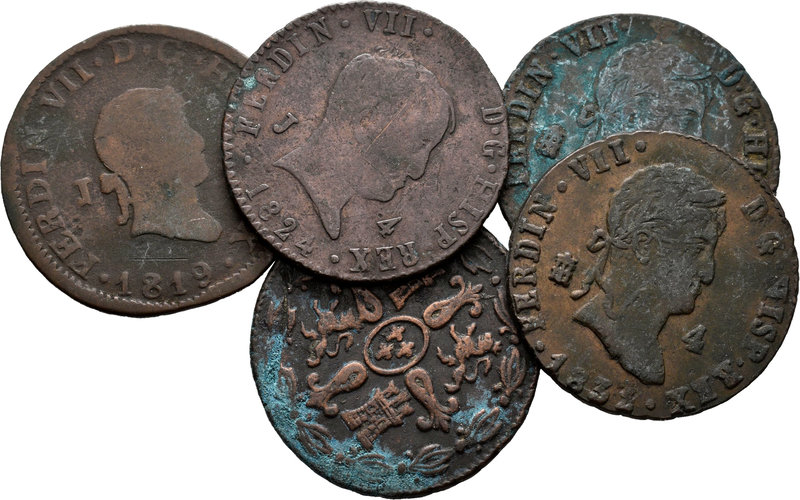 Spain. Lote de 5 piezas de 4 maravedís, todas de Fernando VII, 3 de Segovia y 2 ...