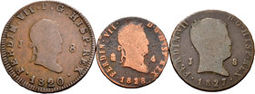 Lote de 3 monedas bronce de Fernando VII, 8 maravedís de Jubia 1820 y 1827 y 4 maravedís de Segovia 1828. A EXAMINAR. F/Choice F. Est...30,00.