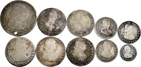 Lote de 10 monedas de Carlos IV, 1/2 real Potosí 1808; 1 real Potosí 1792, 1801 y 1808; 2 reales Potosí 1790, 1798, 1804 y 1808, Madrid 1808; y 4 real...
