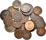 Lote de 24 monedas bronce diferentes valores, España (21), Carlos III (1), Isabel II (1), Gobierno Provisional (12), Alfonso XII (4), Alfonso XIII (4)...