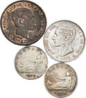 Lote de 4  monedas de centenario 50 céntimos 1870 (2), 1 peseta 1876 (1) y 5 céntimos 1877 (1). A EXAMINAR. F/VF. Est...80,00.