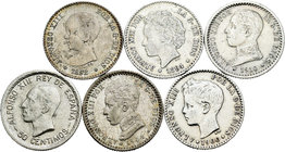 Lote de 6 monedas 50 céntimos Alfonso XIII 1892, 1894, 1900, 1904, 1910, 1926. A EXAMINAR. AU/VF. Est...70,00.