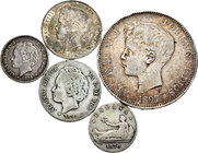 Lote de 5 monedas del Centenario, 5 pesetas 1897, 1 peseta (2) 1894 y 1901, 50 céntimos 1870 y 1894. A EXAMINAR. Choice F/VF. Est...50,00.