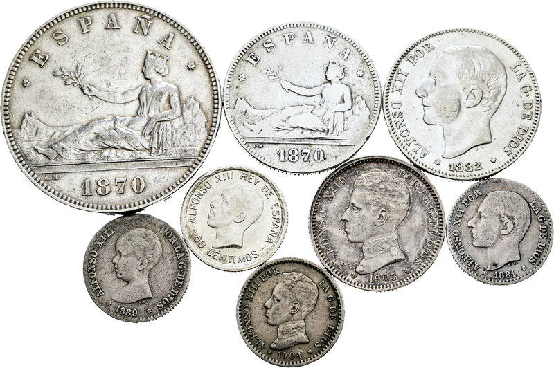 Lote de 8 monedas de plata del Centenario, 5 pesetas 1870, 2 pesetas 1870 y 1882...