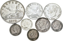 Lote de 8 monedas de plata del Centenario, 5 pesetas 1870, 2 pesetas 1870 y 1882, 1 peseta 1903 y 50 céntimos 1881, 1889, 1904 y 1926. A EXAMINAR. Alm...