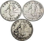 Philippines. San Francisco. (Km-172). Lote de 3 monedas de 1 peso, 1907, 1908 y 1909, bajo la Administración Americana. A EXAMINAR. VF/Choice VF. Est....