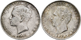 Portugal. Lote de 2 piezas de 500 reis, 1889 (Luis I, Km-509) y 1910 (Manuel II, Km-556). A EXAMINAR. Choice VF/Almost XF. Est...30,00.