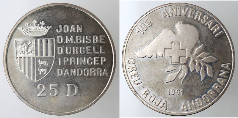 Monete Estere. Andorra. 25 Diners 1991. Ag 925. Km. X#65. Peso gr. 28,55. Diamet...