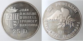 Monete Estere. Andorra. 25 Diners 1991. Ag 925. Km. X#65. Peso gr. 28,55. Diametro mm. 38. qFDC Proof.