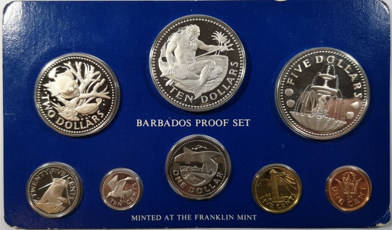 Monete Estere. Barbados 1975. Coin set da 8 valori. Ag. e Metalli vari. FDC. Pro...