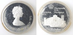 Monete Estere. Canada. Elisabetta II. 10 Dollari 1973. Olimpiadi di Montreal 1976. Veduta di Montreal. AG 925. Km. 87. Peso gr. 48,60. Diametro mm. 45...