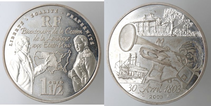 Monete Estere. Francia. 1 e 1/2 Euro 2003. Ag 900. Km. 1336. Peso gr. 22,25. Dia...