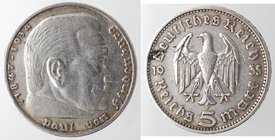 Monete Estere. Germania. Terzo Reich. 1933-1945. 5 Marchi 1935 J. Ag. Km. 86. Peso gr. 13,89. BB+.