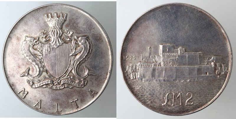 Monete Estere. Malta. 2 Lire Maltesi 1972. Ag. Km. 14. Peso 20,00 gr. Diametro 3...