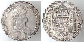 Monete Estere. Peru'. Ferdinando VII. 1808-1833. 8 reales 1820 J. P. Lima. Ag. Cal. 488. Peso gr. 27,23. Diametro mm. 38. qSPL. Leggermente porosa.