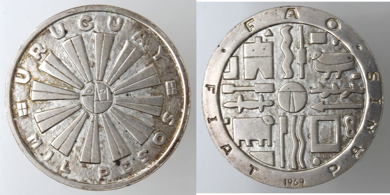 Monete Estere. Uruguay. 1000 Peso 1969. Ag 900. Km. 55. Peso gr. 25. Diametro mm...
