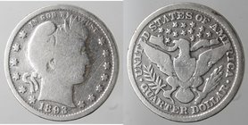 Monete Estere. Usa. Quarto di Dollaro Barber 1893. Ag. Peso gr. 5,73. qMB. 