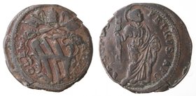 Zecche Italiane. Gubbio. Clemente XII. 1730-1740. Quattrino con San Pietro. Ae. Peso gr. 2,37. Diametro mm. 21,50. BB+. Decentrata. R.