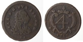 Zecche Italiane. Napoli. Carlo di Borbone. 1734-1759. 4 cavalli 1757. Ae. Magliocca 174. Peso gr. 1,93. Diametro mm. 19. BB. R.
