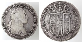 Zecche Italiane. Napoli. Ferdinando IV. 1759-1799. Piastra 1784. Ag. Magliocca 241. Peso gr. 24,84. Diametro mm. 39. qBB. Due colpetti al bordo. RR. 